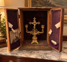 Antique c1900 Ormolu Bronze Catholic Last Rites Sick Call Altar Cabinet Rare picture