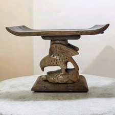 Vtg African Ghana Ashanti Wood Carved Tribal Stool Headrest Eagle On Turtle Rare picture
