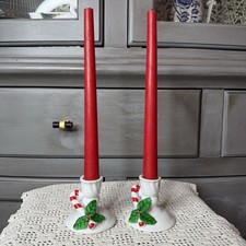 Publix Vintage Christmas Candy Cane Hand Painted Ceramic Candle Holders w/ Box picture