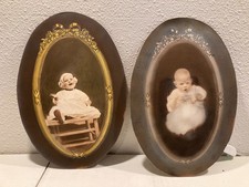 Pair Vintage Baby Oval Photographs Sepia Ornate Gold Mounts picture