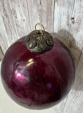 Large Burgundy Red Crackle Glass Christmas Ball Ornament 4 Inch Ornate Cap picture