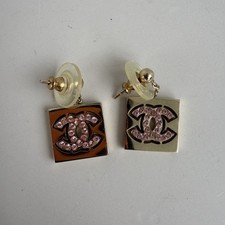 Chanel Vintage Coco Mark Pink Rhinestone Square Drop Earrings picture