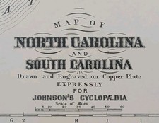 Antique 1885 NC & SC Map ~ Authentic Old Original A.J. JOHNSON COPPER PLATE picture