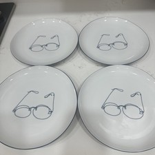 West Elm Frank Millero Plates White With Blue Eye Glasses 8.5” Abstract Set Of 4 picture