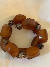 Vintage Bakelite Butterscotch Bracelet, Bead Bypass Wrap, w/Floral Brass Spacers picture