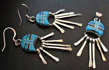 Vtg Signed FW Sterling Fred WEEKOTY Turquoise Coral Inlaid Zuni Pendant Earrings picture