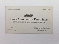 1940s antique DON'S AUTO BODY coopersburg pa PAINT SHOP business card picture