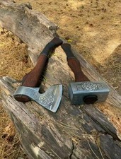 2pcs Set - Viking Axe, Viking Hammer, Mjolnir Hammer, Hand Forged Carbon Steel. picture