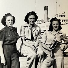 Vintage B&W Snapshot Photograph Beautiful Young Women By Ship Dock picture