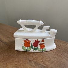 Vintage 1970s Nanco Ceramic Iron Trinket Box Floral Japan White Red Vanity Tulip picture