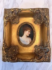 Antique Oil Portrait Young Woman Classical Beauty Gilt Rococo Frame 7.5x8.5” picture