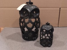 NEW RARE 2PC Pottery Barn Bronze Cast Iron Owl Lanterns - FALL AUTUMN HALLOWEEN picture