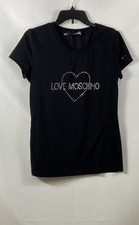 Love Moschino Women's Black Rhinestone Heart Logo Short Sleeve T-Shirt Sz 10 picture