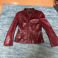 AKRIS Lambskin Leather Jacket Burgundy Stand Collar Single Wine Red M-L Size picture