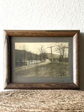 Antique Black & White Silver Gelatin Photograph in Rustic Wooden Frame Dirt Road picture