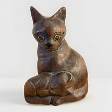 Vintage Hand Carved Wood Mother Cat & Kitten Sculpture Folk Art Figurine picture