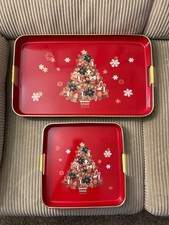 vintage red lacquerware Christmas tree serving trays made in Japan picture