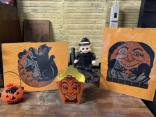 RARE Antique Vintage Halloween Lot Candy Box Container Decoration Hat & Cat picture