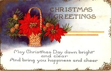 Vintage Victorian Postcard 1928 Christmas Greetings - Poinsettia Basket picture