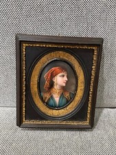 Antique Hand Painted Porcelain Miniature Plaque Orientalist Middle Eastern Woman picture