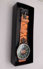 Avon Halloween BOO Pumpkin Wristwatch Orange Strap Green Numbers Needs Battery picture