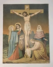 Antique 19thC Religious Oleograph Crucifixion of Jesus Christ Framed Lithograph picture