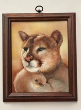 ⁠Vintage Hand-Painted Framed Tile Wall Art Cougar Portrait by W. Culbertson picture