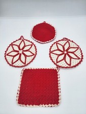 Vintage Hand Crocheted Potholders Red- and White-Hot Pads Lot of 4 picture