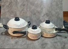 Kobe Japanese Floral Enamelware Cookware Collection 7pc Set VINTAGE 1970s picture