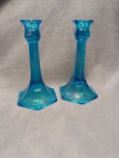 Vintage Blue Glass Candlestick Holders 8 1/2 In Tall Heavy Set Of 2- AA picture