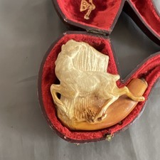  Antique Genuine Meerschaum Carved Horse leaping stag Tobacco Pipe w/ Case picture