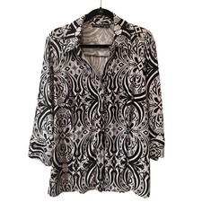 Essentials By Milano Woman Plus Size 1X Black White Geometric Blouse Shirt picture