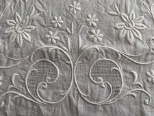 Outstanding Vintage White Linen Embroidered Dresser Scarf/Table Runner 58x18 picture