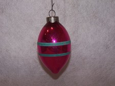 VTG Pink w/ Blue Stripes Glass Ornament MADE IN U.S. OF A. Light Bulb Shape 2.5