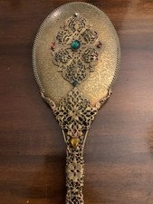 Antique Czech Handheld Jewel Encrusted Gilded Filigree Mirror picture