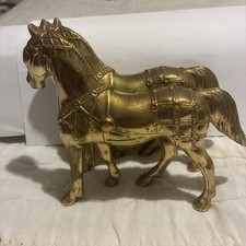 2 Vintage Gold Tone Pot Metal Circus Show Horses Statue, Carnival Fair Prize picture