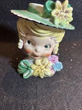 Vintage Nippon Japan MCM Blonde Lady Girl In Hat W/ Flowers Head Vase picture