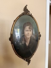 Antique 26x15in  Victorian Heavy Ornate Brass Convex Bubble Glass Oval Frame Art picture