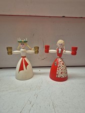 Vintage Swedish Traditional Candle Holder Wooden Girl Folk Art Scandinavian picture
