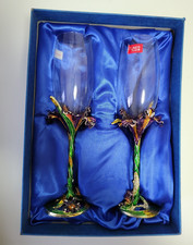 Stone Island Art Glass Floral Stemmed Champagne Flutes, Clear Set of 2 picture