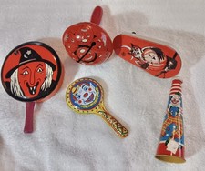 Vintage Halloween Metal Wood Noise Makers  Witch , Pumpkins , Clown, Lot Of 5. picture