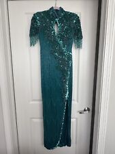 Vintage Oscar De La Renta Beaded Sequin Evening Dress Sz 4 Emerald Green Fringe picture