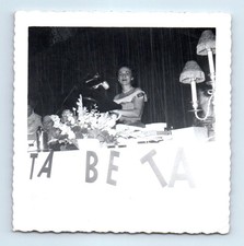 Old Vintage Square Photo WOMEN GROUP AT TABLE MICROPHONE PODIUM SNAPSHOT PICTURE picture