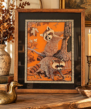 Vintage 1970s Raccoon Woodland Framed Art – Retro Cabin Lodge Wall Decor 18x21 picture