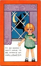 Vintage Whitney Adorable Little Girl, Flying Witch,Bat & Moon Halloween Postcard picture