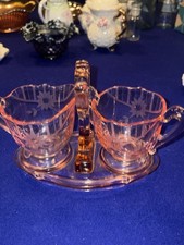 Vintage Lancaster Pink/Peach Jubilee Elegant Glass Creamer, Sugar Bowl & Tray picture