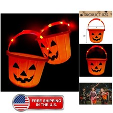 2pc Light Up Halloween Pumpkin Buckets - Plastic Jack O Lantern w/Glow in The... picture