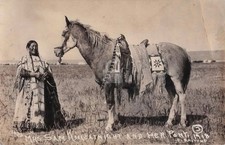 North Dakota Sioux Indian Woman w Horse, Beadwork RPPC Photo Postcard COPY picture