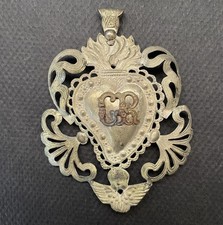 Small Antique Brass Ex Voto Old Religious Sacred Heart Gothic Decor picture