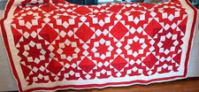 Antique Star & Lattice Quilt Hand Sewn In Two-color Red &White Geometric Pattern picture